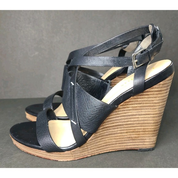 Vtg Cole Haan Leather Strappy Wedge Sandals Black Womans 8.5B Comfort EUC - Picture 3 of 7